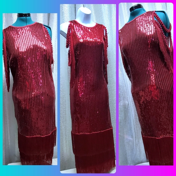 Sequin Fringe Red Party Dress Tassels 1920s Flapper Elegant Red Sequin Dress - Picture 3 of 11